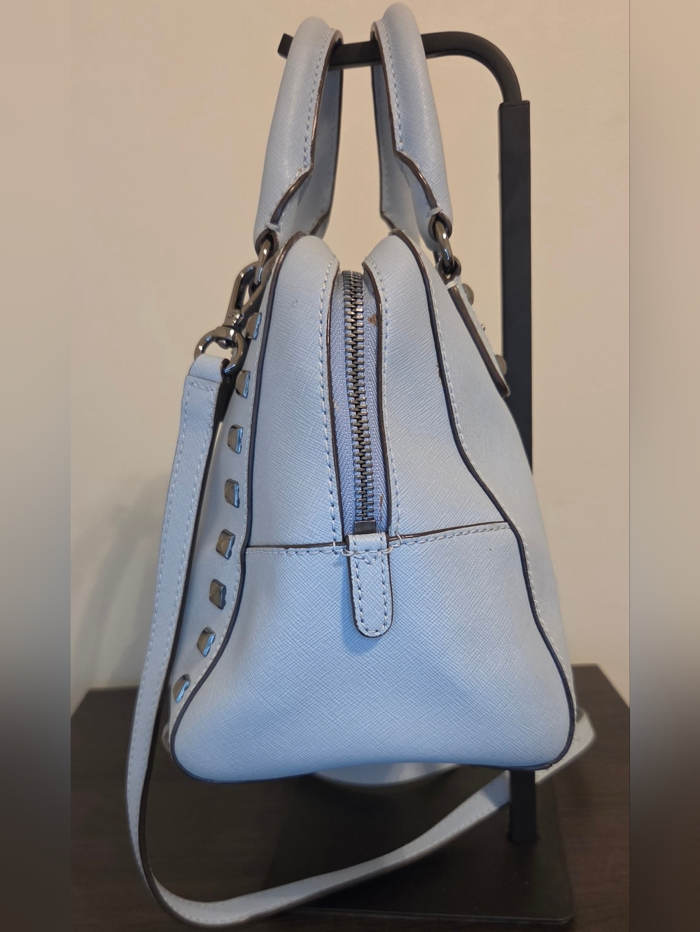 Michael Kors Studded Saffiano Leather Satchel Crossbody Light Blue Gunmetal - Picture 5 of 12